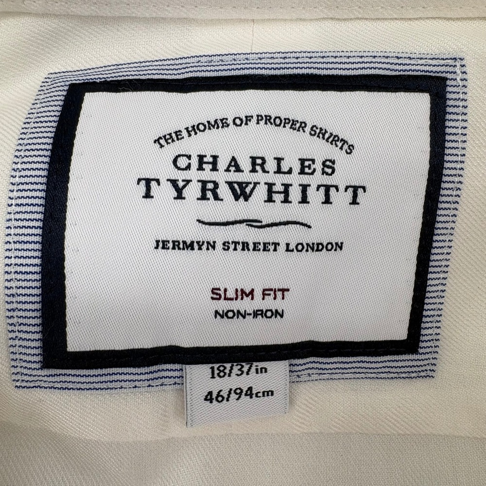 Charles Tyrwhitt Dress Shirt Mens 18/37 Slim Fit Non-Iron Cream Long Sleeve - Picture 2 of 7